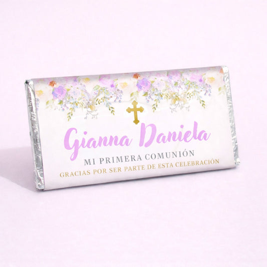 BARRAS DE CHOCOLATE PERSONALIZADAS DISEÑO #14775 FLORES ROSAS BAUTIZO/PRIMERA COMUNIÓN