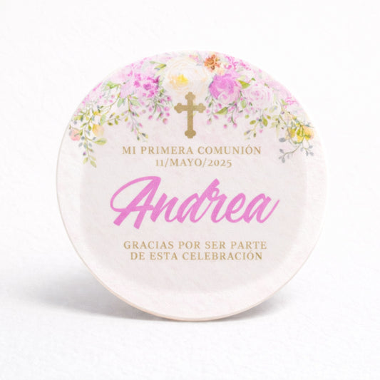 OBLEAS RELLENAS PERSONALIZADAS DISEÑO #14775 FLORES ROSAS PRIMERA COMUNIÓN