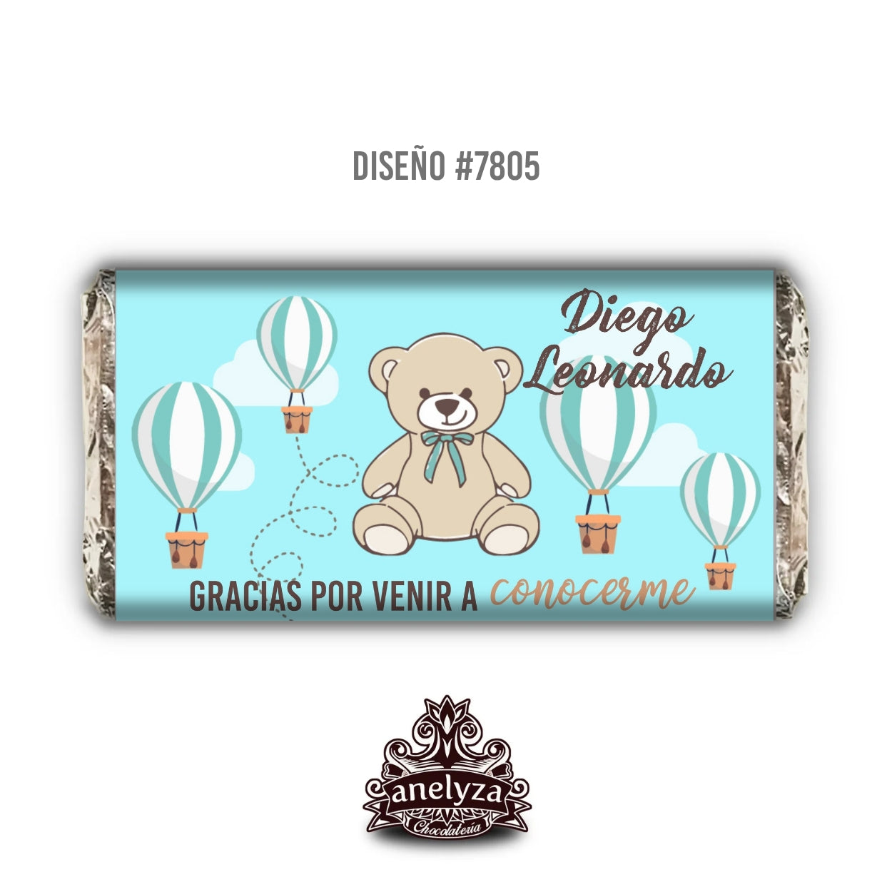 BARRAS DE CHOCOLATE PERSONALIZADAS DISEÑO #7805 OSITO NACIMIENTO/BABY SHOWER