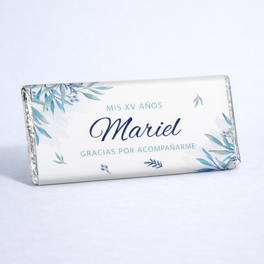 BARRAS DE CHOCOLATE PERSONALIZADAS DISEÑO #8442 HOJAS AZUL XV AÑOS