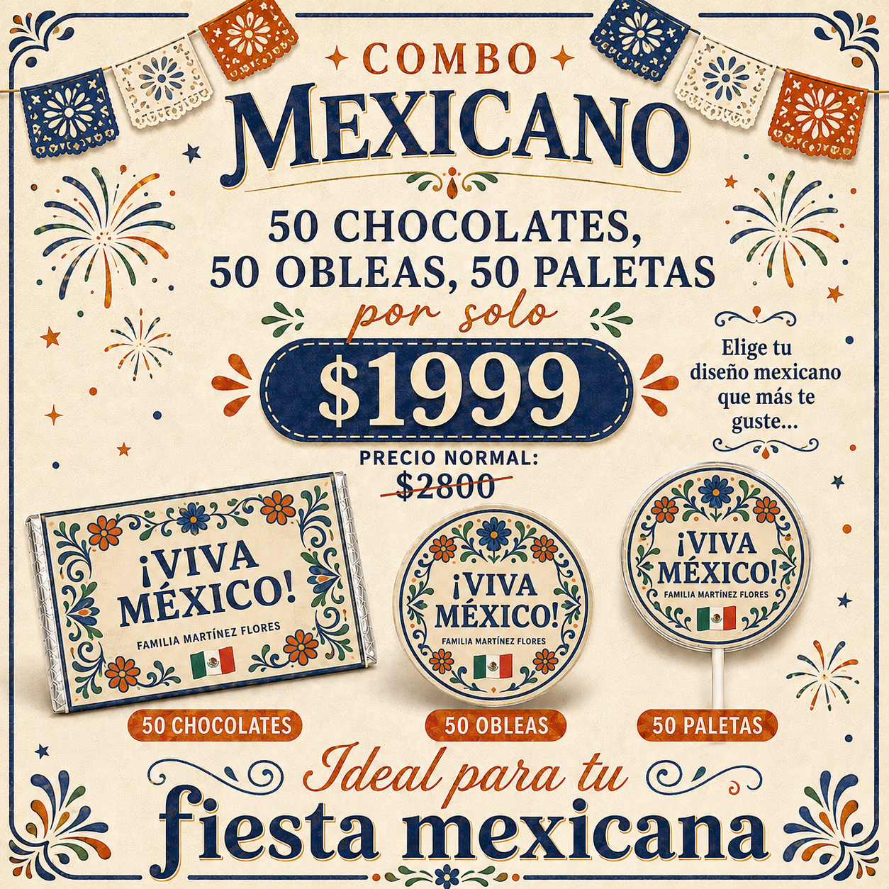¡COMBO MEXICANO! Contiene 50 chocolates 8x4 cms, 50 0bleas rellenas de cajeta y 50 paletas.