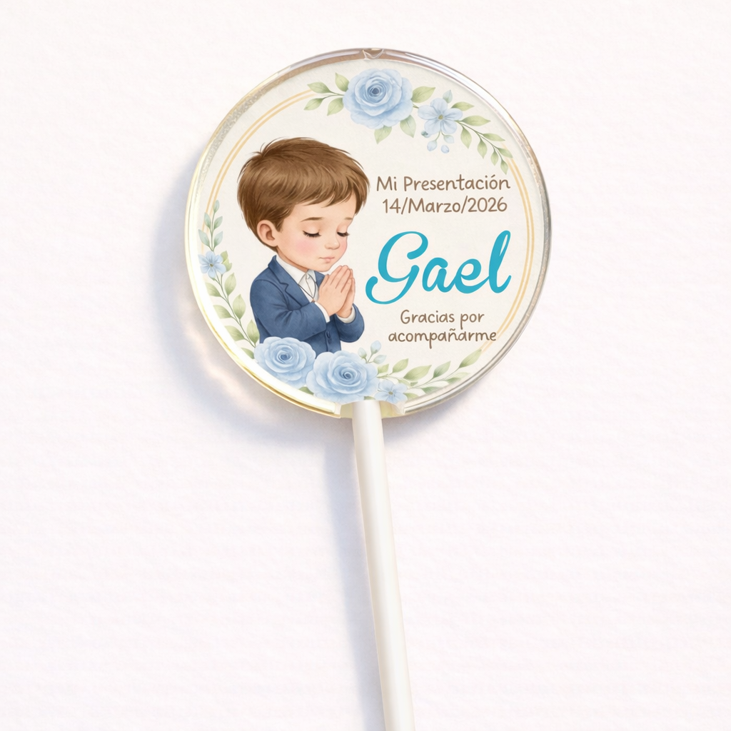 PALETAS DE CARAMELO PERSONALIZADAS DISEÑO #6202-1 PRESENTACIÓN DE 3 AÑOS