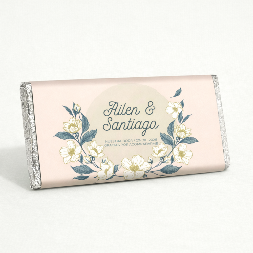 BARRAS DE CHOCOLATE PERSONALIZADAS DISEÑO #4030 FLORES BLANCAS FONDO ROSA BODAS