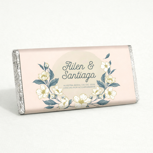 BARRAS DE CHOCOLATE PERSONALIZADAS DISEÑO #4030 FLORES BLANCAS FONDO ROSA BODAS