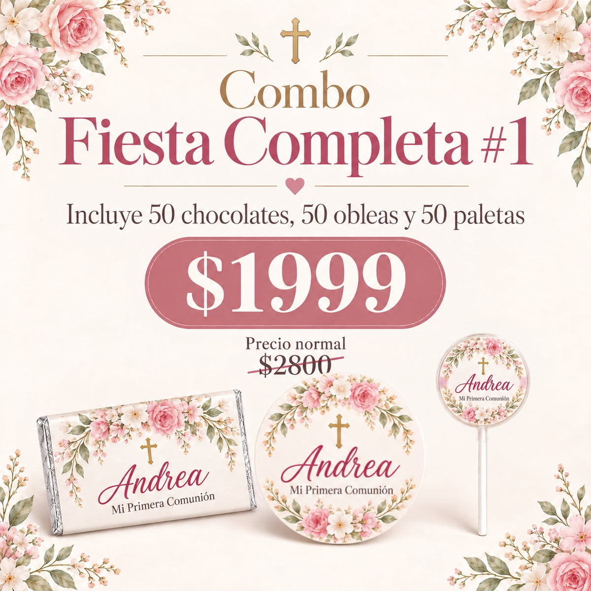 COMBO FIESTA COMPLETA #1 50 CHOCOLATES 8X4 CMS, 50 0BLEAS DE CAJETA, 50 PALETAS
