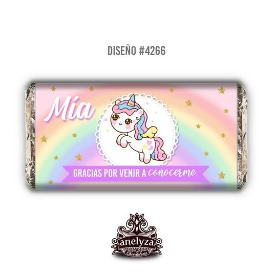BARRAS DE CHOCOLATE PERSONALIZADAS DISEÑO #4266 UNICORNIO NACIMIENTO/BABY SHOWER