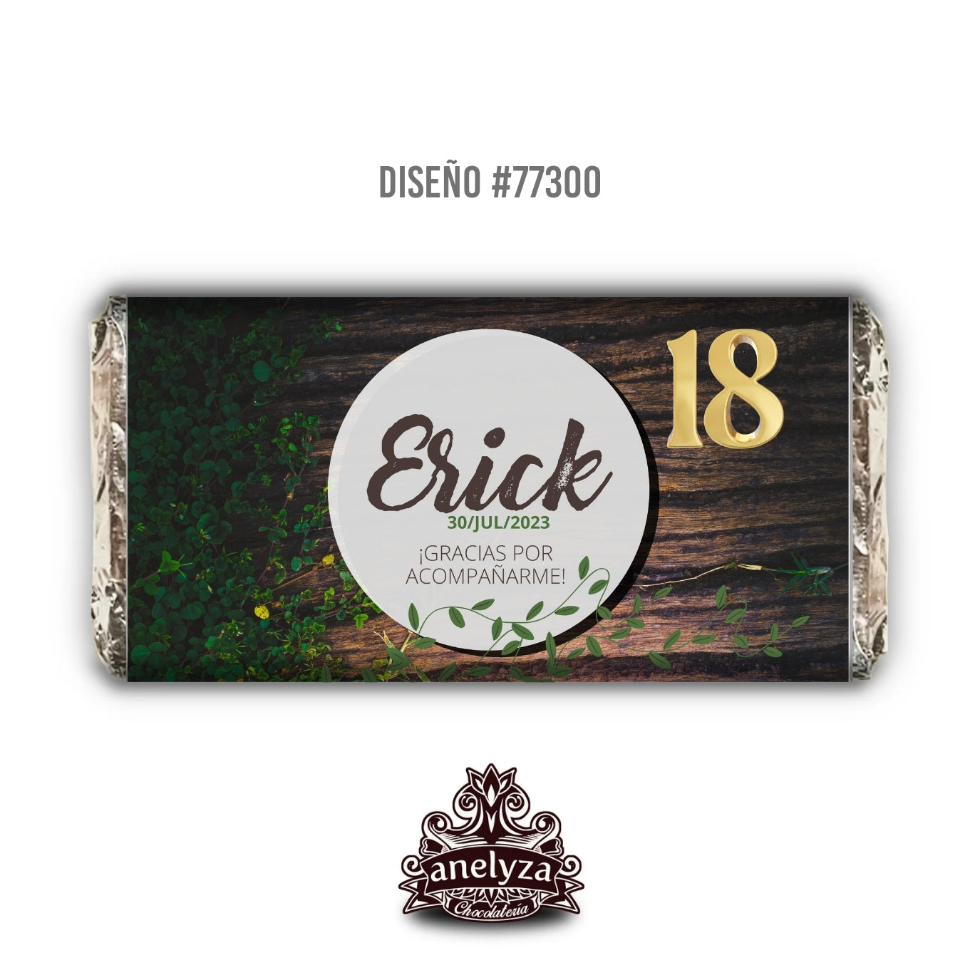 BARRAS DE CHOCOLATE PERSONALIZADAS DISEÑO #77300 CUMPLEAÑOS HOMBRE MADERA Y FOLLAJE