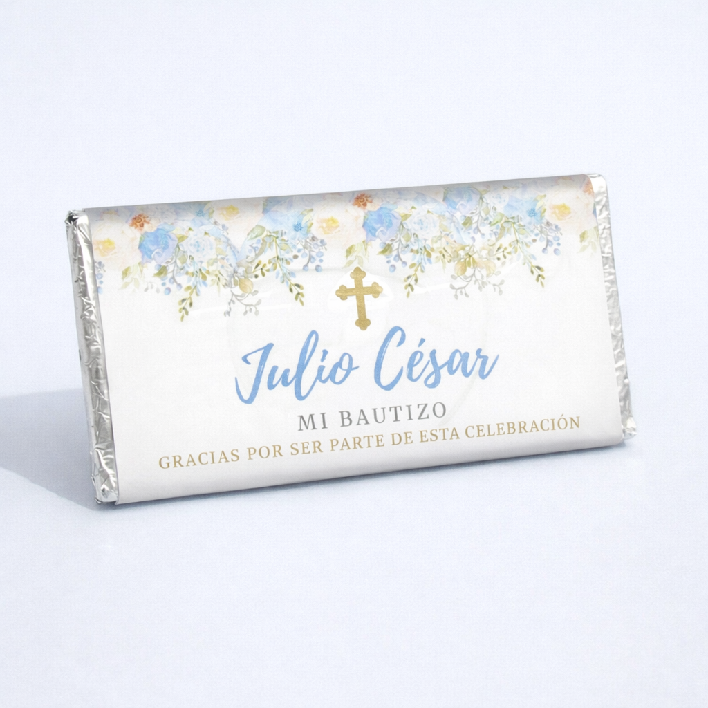 BARRA DE CHOCOLATE PERSONALIZADA DISEÑO #08905 FLORES AZULES BAUTIZO/PRIMERA COMUNIÓN