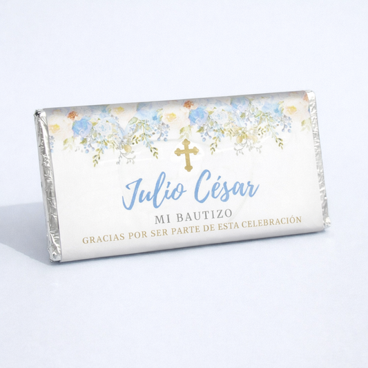 BARRA DE CHOCOLATE PERSONALIZADA DISEÑO #08905 FLORES AZULES BAUTIZO/PRIMERA COMUNIÓN