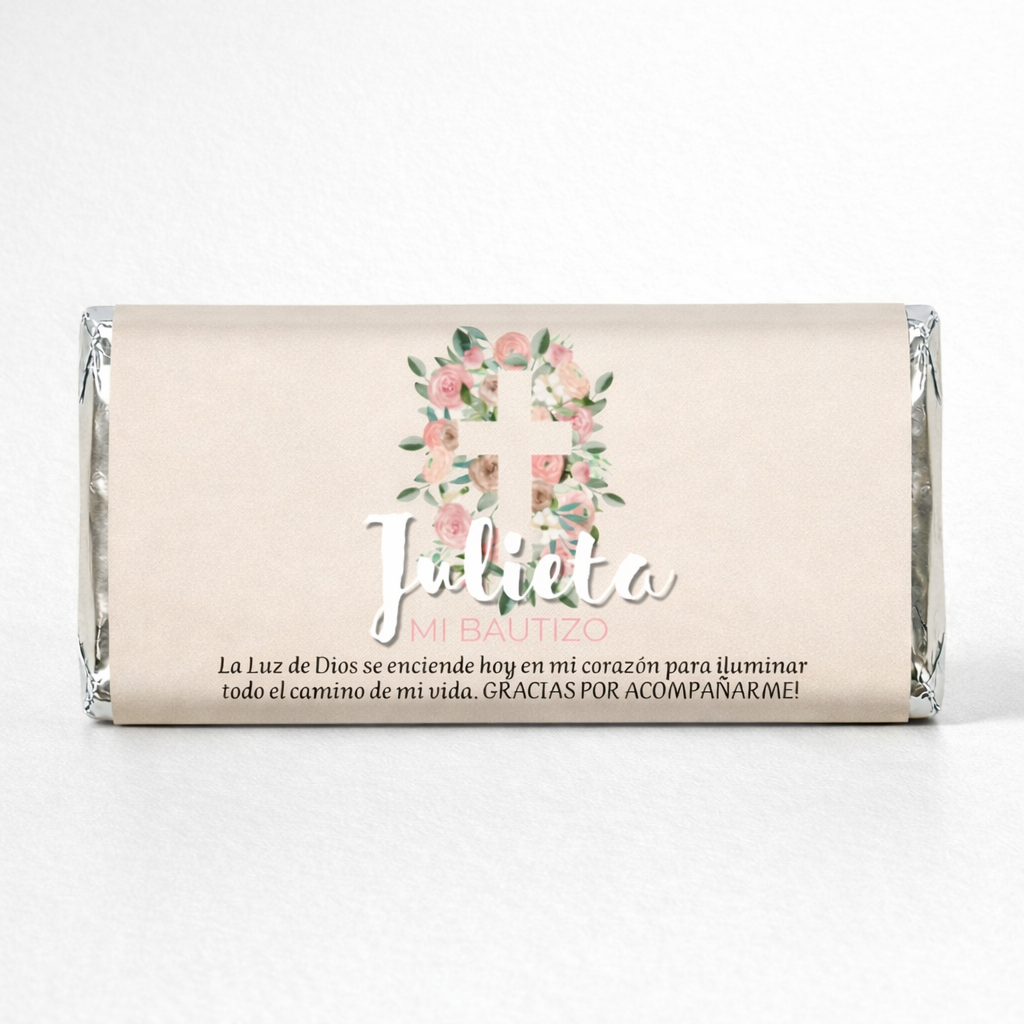 BARRAS DE CHOCOLATE PERSONALIZADAS DISEÑO #50329 CRUZ CON ROSAS BAUTIZO / PRIMERA COMUNION