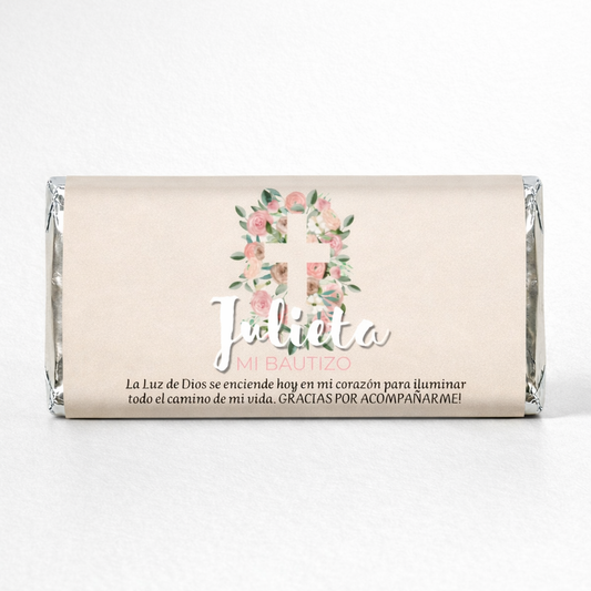 BARRAS DE CHOCOLATE PERSONALIZADAS DISEÑO #50309 CRUZ CON ROSAS BAUTIZO / PRIMERA COMUNION