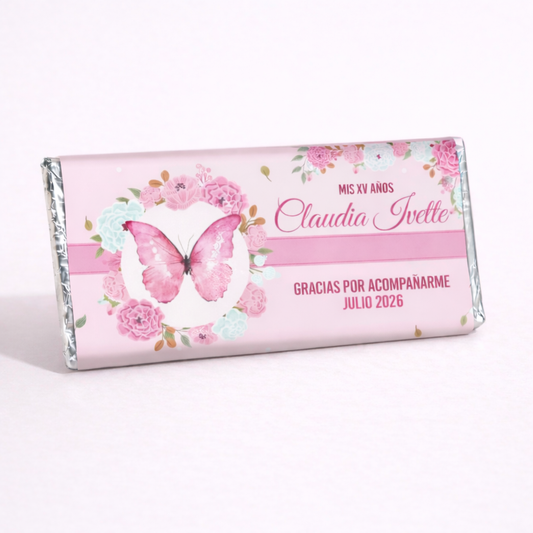 BARRAS DE CHOCOLATE PERSONALIZADAS DISEÑO #9653 FLORES ROSA XV AÑOS MARIPOSA