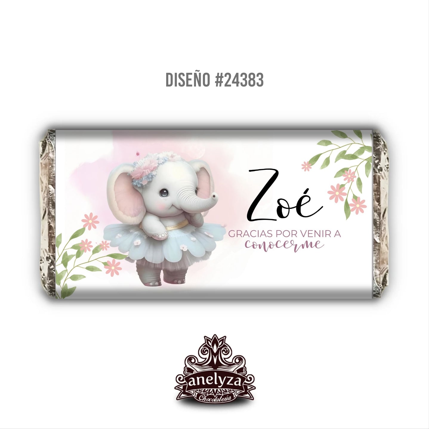 BARRAS DE CHOCOLATE PERSONALIZADAS DISEÑO #24383 ELEFANTITA FLORES NACIMIENTO / BABY SHOWER