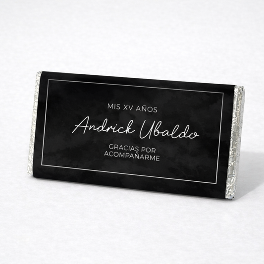 BARRAS DE CHOCOLATE PERSONALIZADAS DISEÑO #5183 NEGRO PLATA XV AÑOS