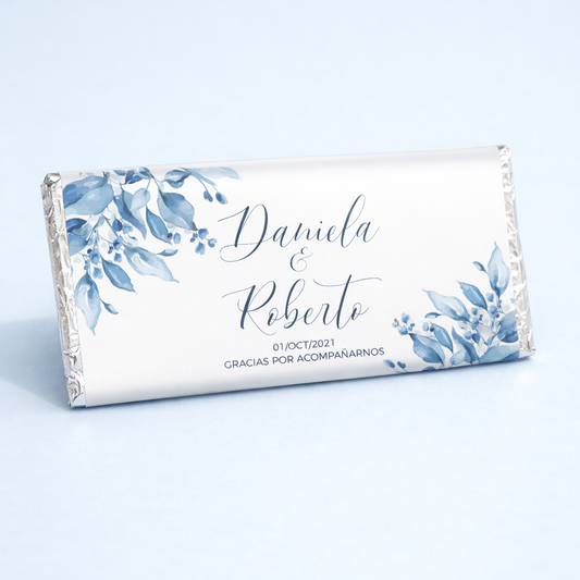 BARRAS DE CHOCOLATE PERSONALIZADAS DISEÑO #4567 FLORES AZULES BODAS