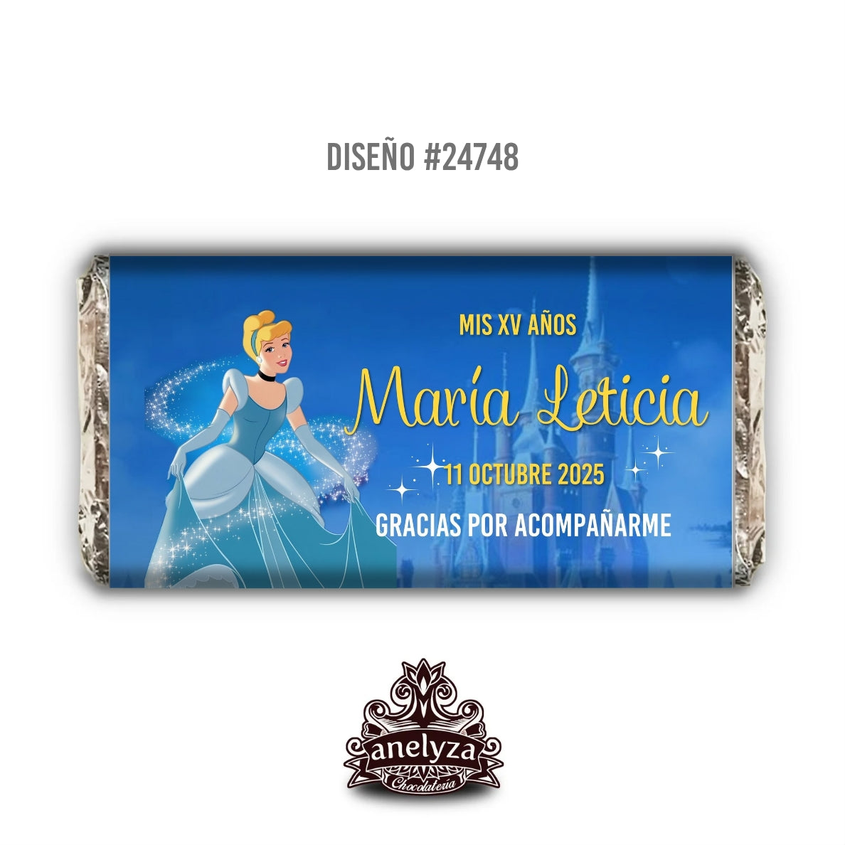 BARRAS DE CHOCOLATE PERSONALIZADAS DISEÑO #24748 CENICIENTA XV AÑOS FIESTAS INFANTILES