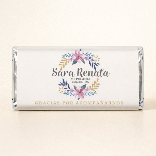 BARRAS DE CHOCOLATE PERSONALIZADAS DISEÑO #9042 FLORES BAUTIZO/PRIMERA COMUNIÓN