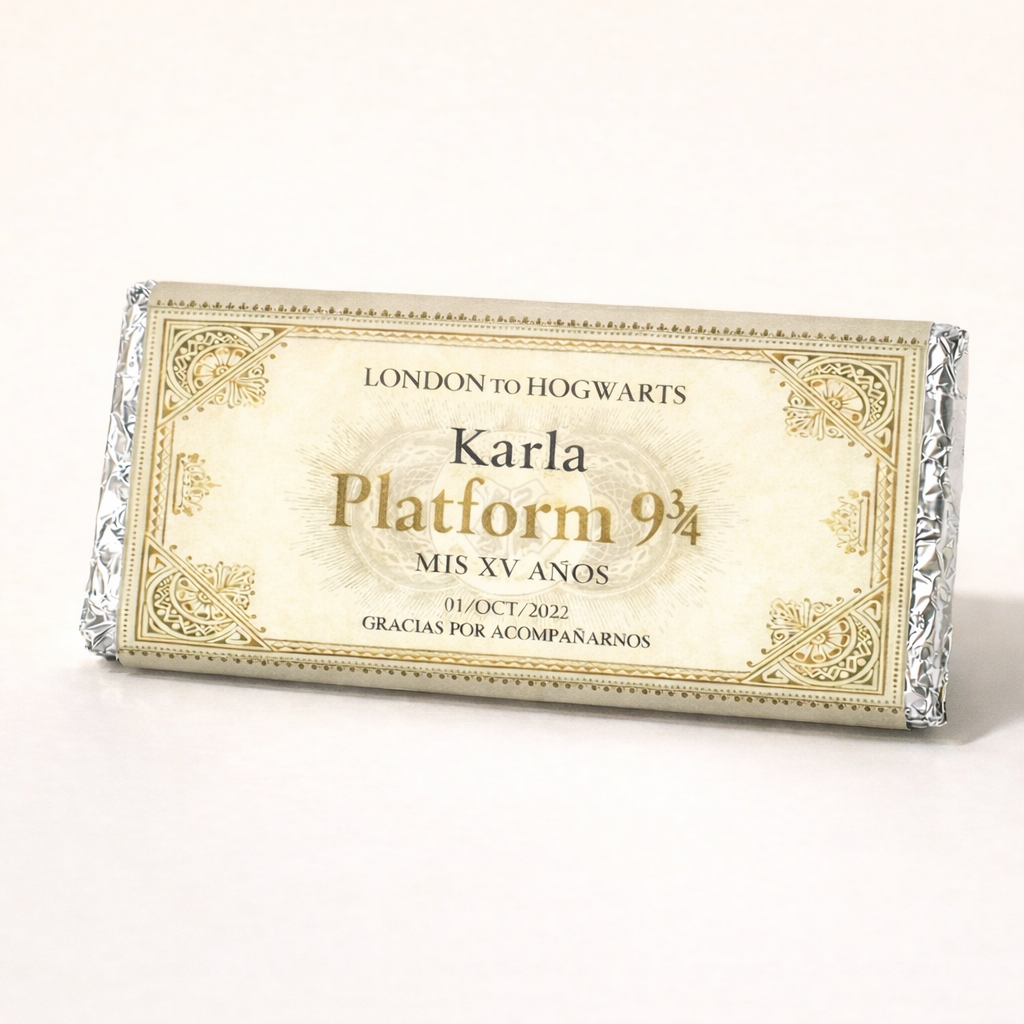 BARRAS DE CHOCOLATE PERSONALIZADAS DISEÑO #46049 TICKET HARRY POTTER XV AÑOS