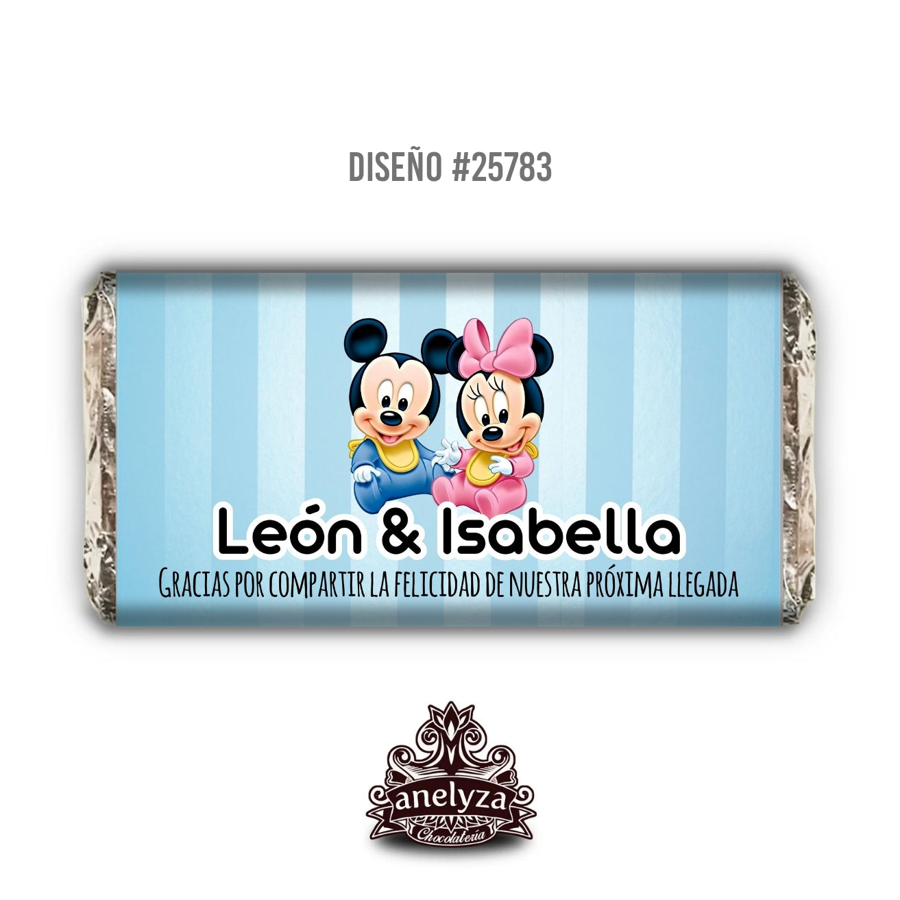 BARRAS DE CHOCOLATE PERSONALIZADAS DISEÑO #25783 GEMELOS MICKEY MINNIE BABY SHOWER NACIMIENTO