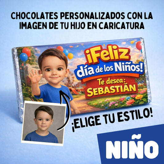 BARRAS DE CHOCOLATE PARA NIÑO PERSONALIZADAS CON TU IMAGEN EN CARICATURA / DISEÑO DIA DEL NIÑO