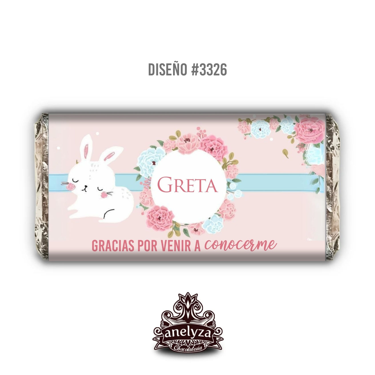 BARRAS DE CHOCOLATE PERSONALIZADAS DISEÑO #3326 CONEJITA NACIMIENTO/BABY SHOWER
