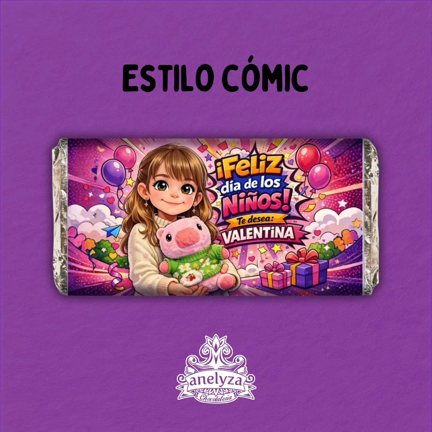 BARRAS DE CHOCOLATE PARA NIÑA PERSONALIZADAS CON TU IMAGEN EN CARICATURA / DISEÑO DIA DEL NIÑO