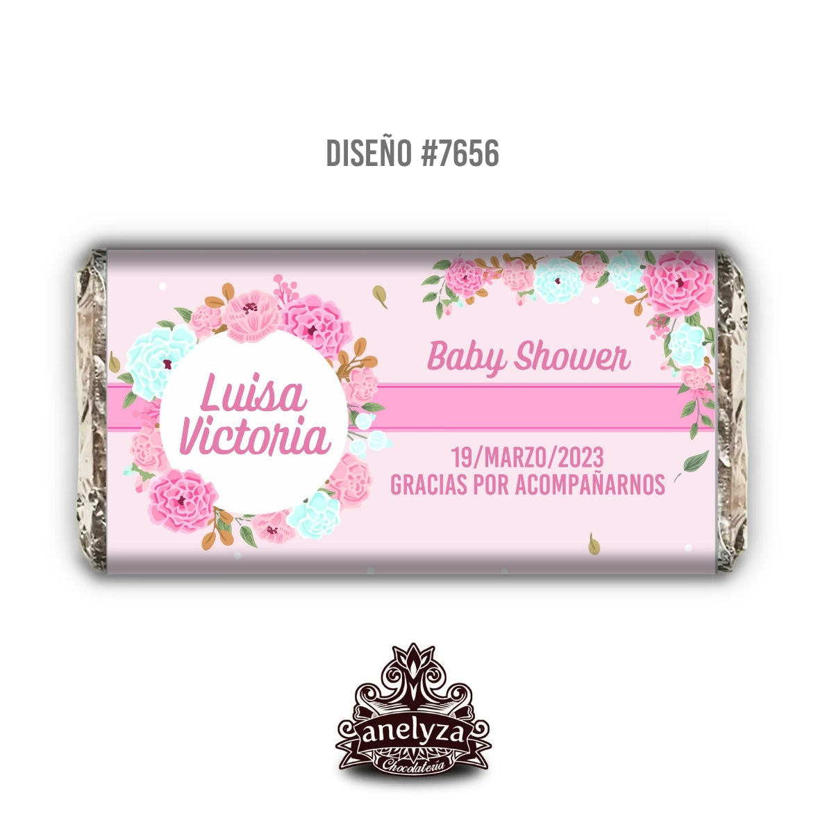 BARRAS DE CHOCOLATE PERSONALIZADAS DISEÑO #7656 FLORES NACIMIENTO/BABY SHOWER