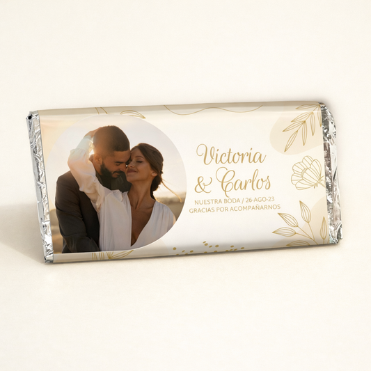 BARRAS DE CHOCOLATE PERSONALIZADAS DISEÑO #30345 BODAS CON FOTO FONDO BLANCO BEIGE FLORES