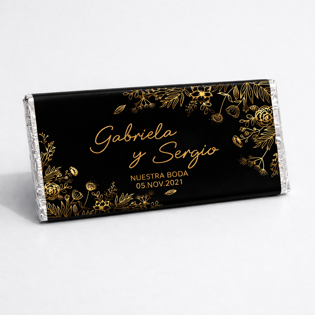 BARRAS DE CHOCOLATE PERSONALIZADAS DISEÑO #7972 FONDO NEGRO CON DORADO BODAS
