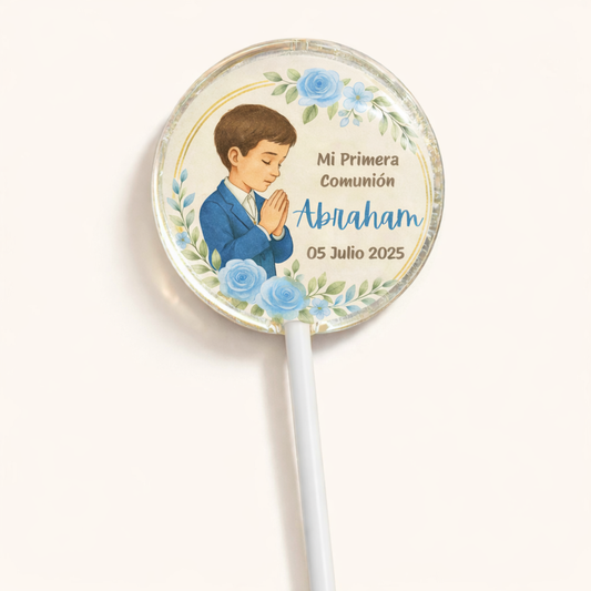 PALETAS DE CARAMELO PERSONALIZADAS DISEÑO #2327-9 NIÑO AZUL PRIMERA COMUNIÓN