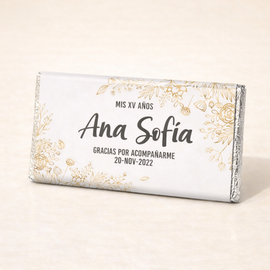 BARRAS DE CHOCOLATE PERSONALIZADAS DISEÑO #1558 HOJAS DORADAS XV AÑOS