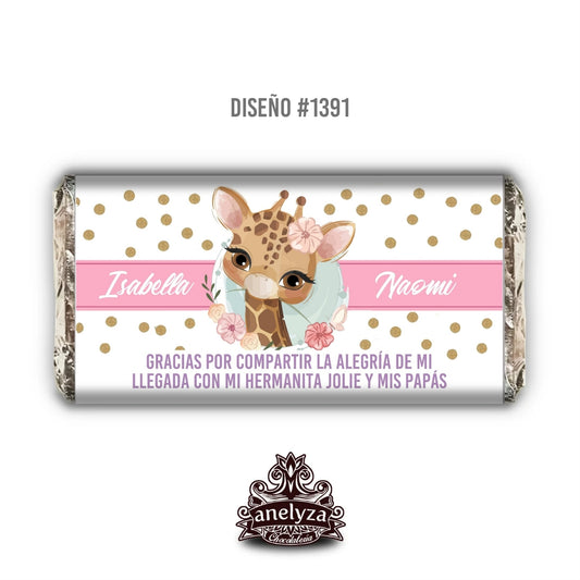 BARRAS DE CHOCOLATE PERSONALIZADAS DISEÑO #1391 JIRAFA NACIMIENTO/BABY SHOWER