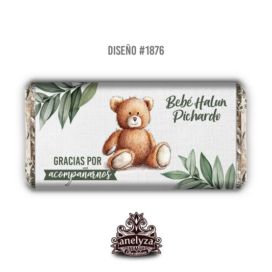 BARRAS DE CHOCOLATE PERSONALIZADAS DISEÑO #1876 OSITO NACIMIENTO/BABY SHOWER