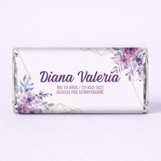 BARRAS DE CHOCOLATE PERSONALIZADAS DISEÑO #5946 FLORES MORADO XV AÑOS 15 AÑOS
