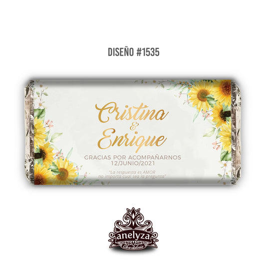 20 BARRAS DE CHOCOLATE PERSONALIZADAS DISEÑO #1535 GIRASOLES BODAS