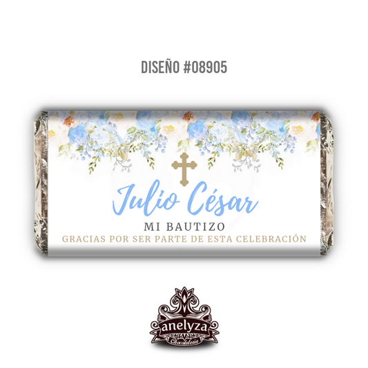 20 BARRA DE CHOCOLATE PERSONALIZADA DISEÑO #08905 FLORES AZULES BAUTIZO/PRIMERA COMUNIÓN