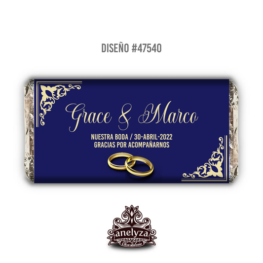 20 BARRAS DE CHOCOLATE  PERSONALIZADAS DISEÑO #47540 AZUL REY CON DORADO BODAS