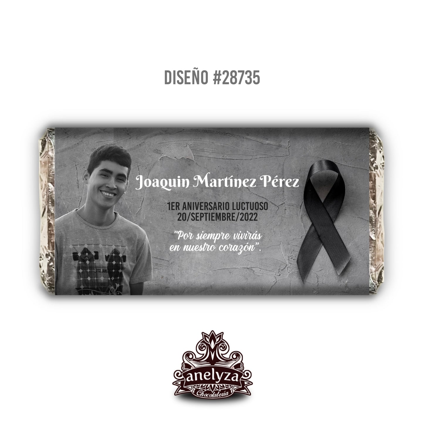20 BARRAS DE CHOCOLATE PERSONALIZADAS DISEÑO #28735 ANIVERSARIO LUCTUOSO CON FOTO