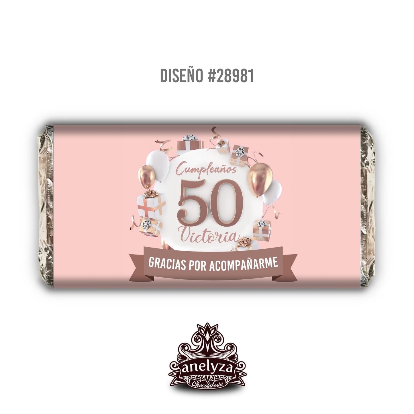 20 BARRAS DE CHOCOLATE PERSONALIZADAS DISEÑO #28981 FONDO ROSA CUMPLEAÑOS MUJER