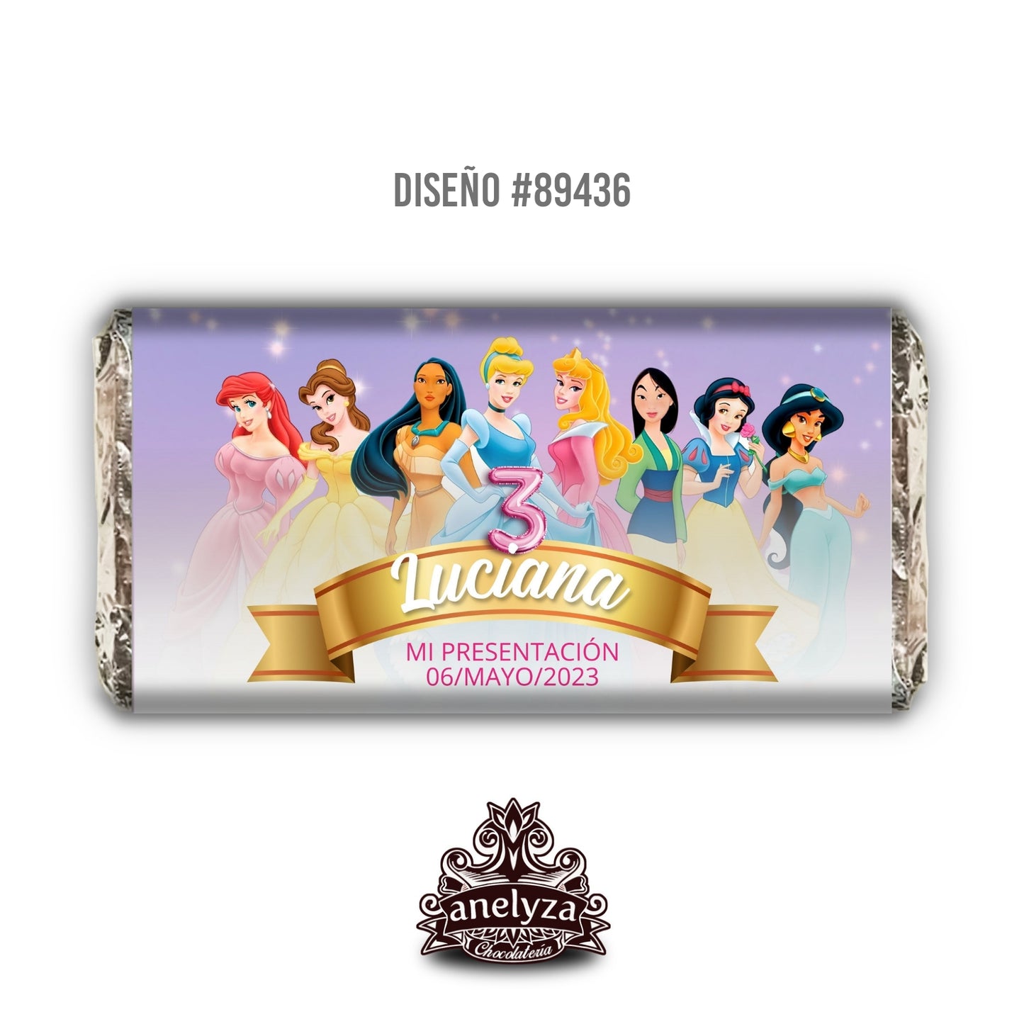 20 BARRAS DE CHOCOLATE PERSONALIZADAS DISEÑO #89436 PRINCESAS DISNEY FIESTAS INFANTILES