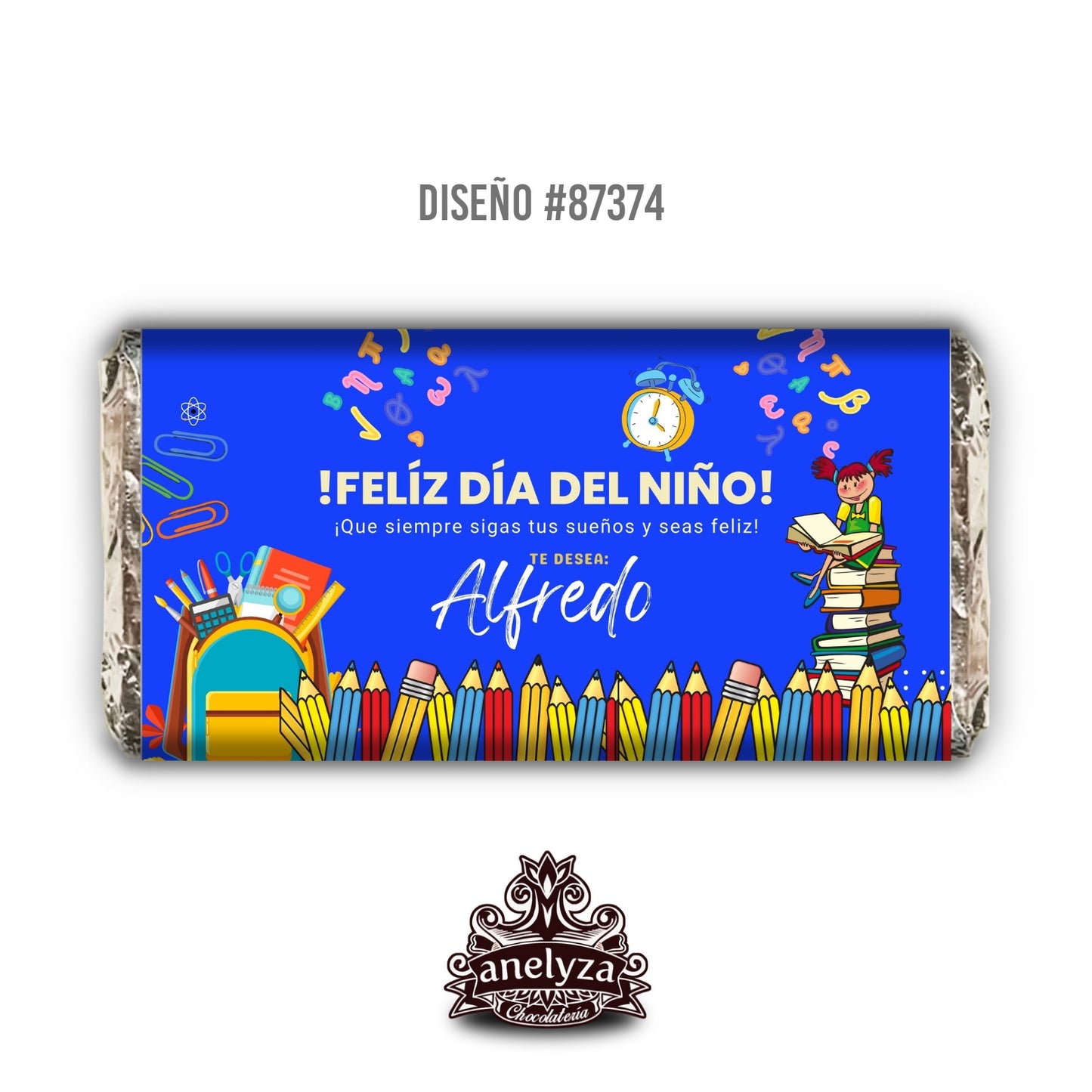 20 BARRAS DE CHOCOLATE PERSONALIZADAS DISEÑO #87374 DIA DEL NIÑO