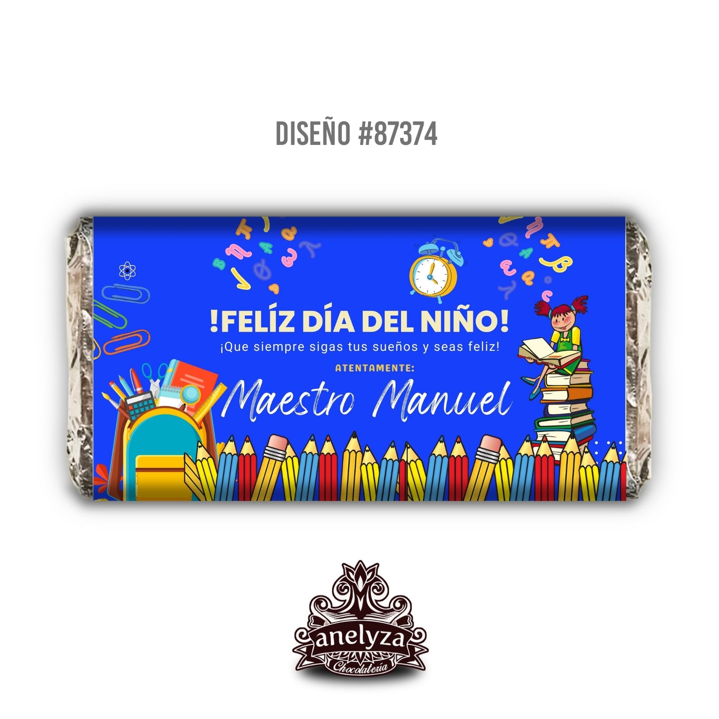 20 BARRAS DE CHOCOLATE PERSONALIZADAS DISEÑO #87374 DIA DEL NIÑO