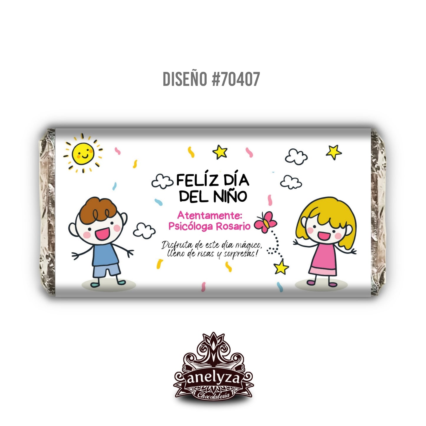 20 BARRAS DE CHOCOLATE PERSONALIZADAS DISEÑO #70407 DIA DEL NIÑO