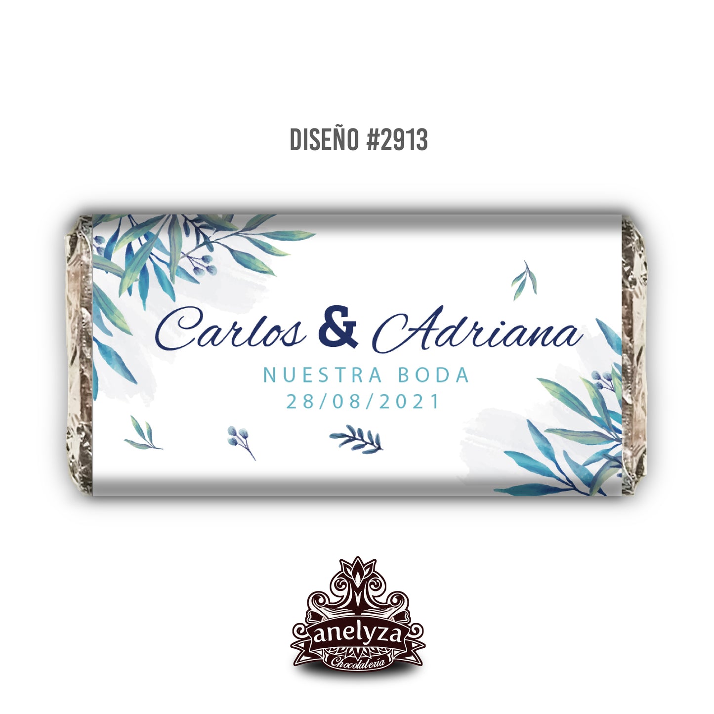 20 BARRAS DE CHOCOLATE PERSONALIZADAS DISEÑO #2913 FLORES AZULES BODAS