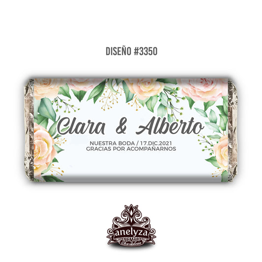 20 BARRAS DE CHOCOLATE PERSONALIZADAS DISEÑO #3350 ROSAS CON HOJAS VERDES BODAS