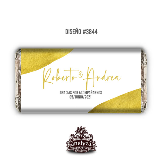 20 BARRAS DE CHOCOLATE PERSONALIZADAS DISEÑO #3844 BLANCO CON DORADO BODAS