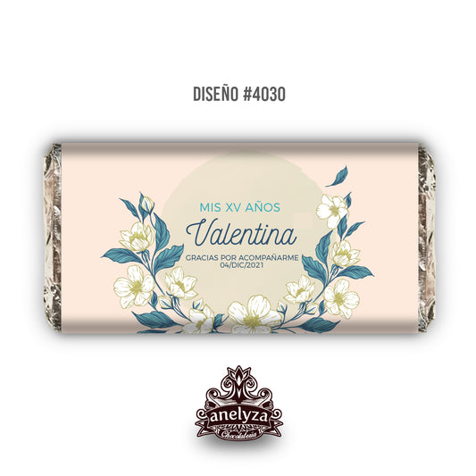 BARRAS DE CHOCOLATE PERSONALIZADAS DISEÑO #4030 FLORES BLANCAS FONDO ROSA BODAS