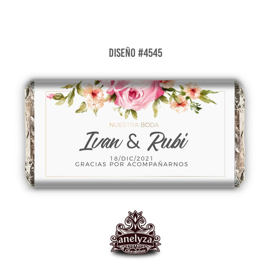 20 BARRAS DE CHOCOLATE PERSONALIZADAS DISEÑO #4545 ROSAS CON DORADO BODAS