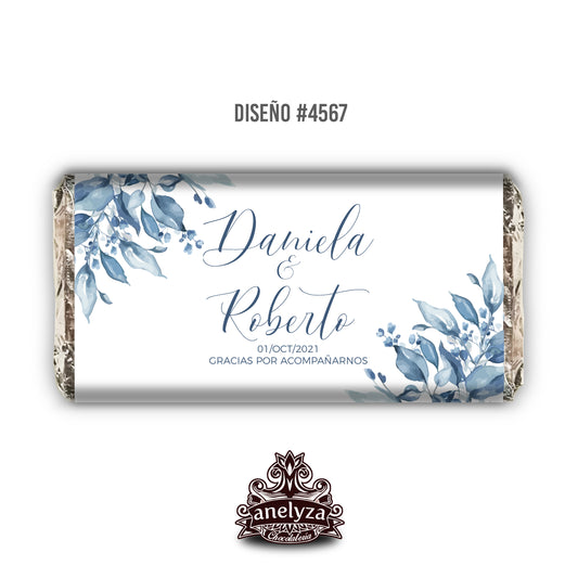 20 BARRAS DE CHOCOLATE PERSONALIZADAS DISEÑO #4567 FLORES AZULES BODAS