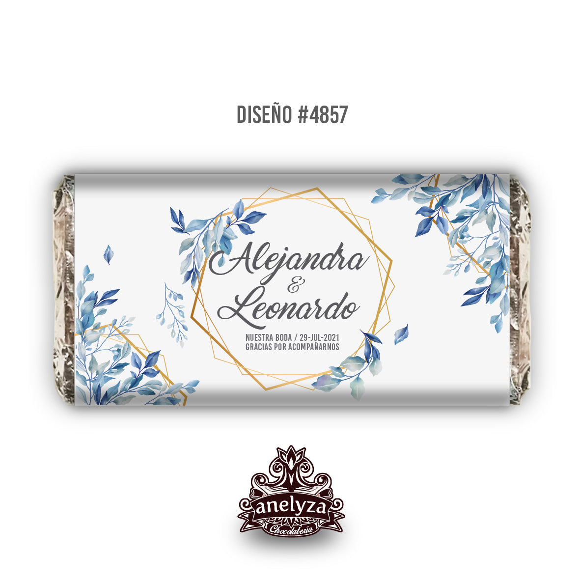 20 BARRAS DE CHOCOLATE PERSONALIZADAS DISEÑO #4857 HOJAS AZULES BODAS